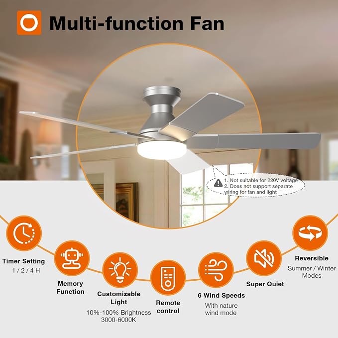 addlon Ceiling Fans with Lights, 52 Inch Low Profile Ceiling Fan with Light and Remote Control, Flush Mount, Reversible, 3CCT, Dimmable, Quiet, Silver Ceiling Fan for Bedroom Indoor/Outdoor Use