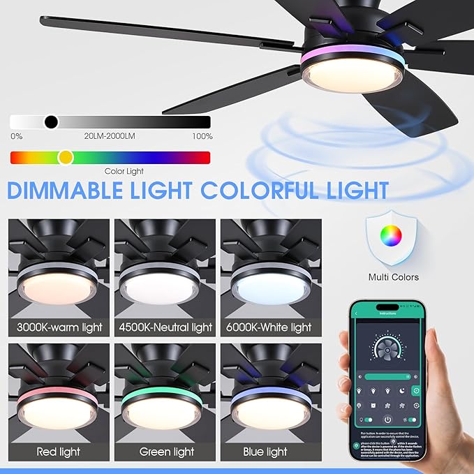 Kviflon 52" Ceiling Fans with RGB Lights, Low Profile Ceiling Fan with Remote/APP Control, Flush Mount, Double-Sided 6 Reversible Blades, RGB+3CCT Dimmable Lights, Double Lampshade for Bedroom, Black
