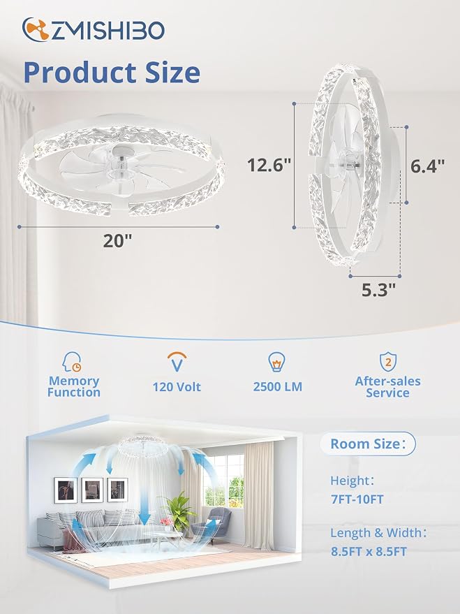ZMISHIBO 19.7" Ceiling Fans with Lights, Low Profile Ceiling Fan and Remote, Flush Mount Ceiling Fans, Stepless Dimmable LED Light, White Fixtures for Bedroom, Living Room