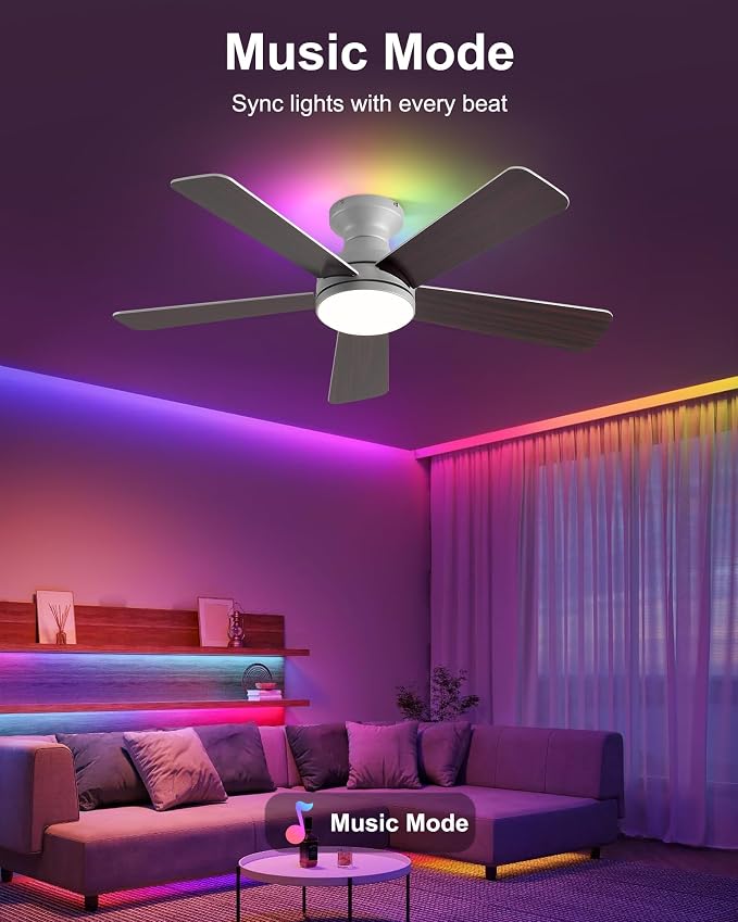 42 Inch Ceiling Fans with Lights, Smart Ceiling Fan with Alexa, Silver Ceiling Fan with RGB Lights Remote, 6 Speeds Reversible DC Motor, Modern Flush Mount for Bedroom Living Room