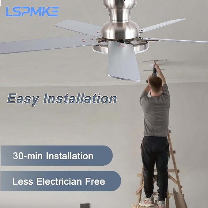 Ceiling Fans with Lights, 52 inch Flush Mount Ceiling fan with Remote Control, Low Profile Ceiling Fan for Bedroom, Farmhouse, Reversible, 3CCT, Dimmable, Noiseless DC Motor, Nickel