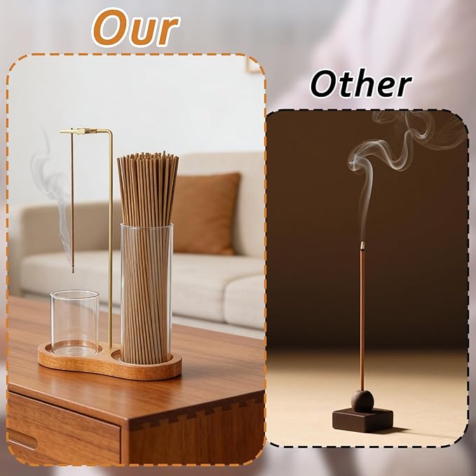 Wooden Incense Holder with Detachable Glass Ash Catcher, 2-in-1 Anti-Ash Burner for Sticks with Storage Base, Wood Meditation Yoga Spa Room Decor Home Altar Gift, Brown