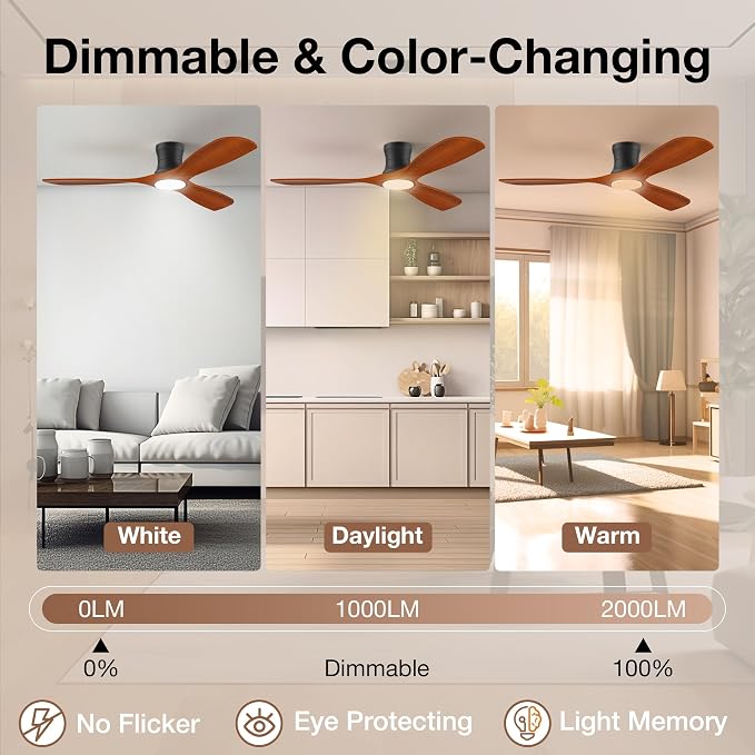 Hoenofly 52” Smart Wood Flush Mount Ceiling Fans with Lights Remote,Quiet DC Motor,Outdoor Indoor Low Profile Ceiling Fan,Voice Contorl with WIFI Alexa App Control,Modern fan for Bedroom Patio