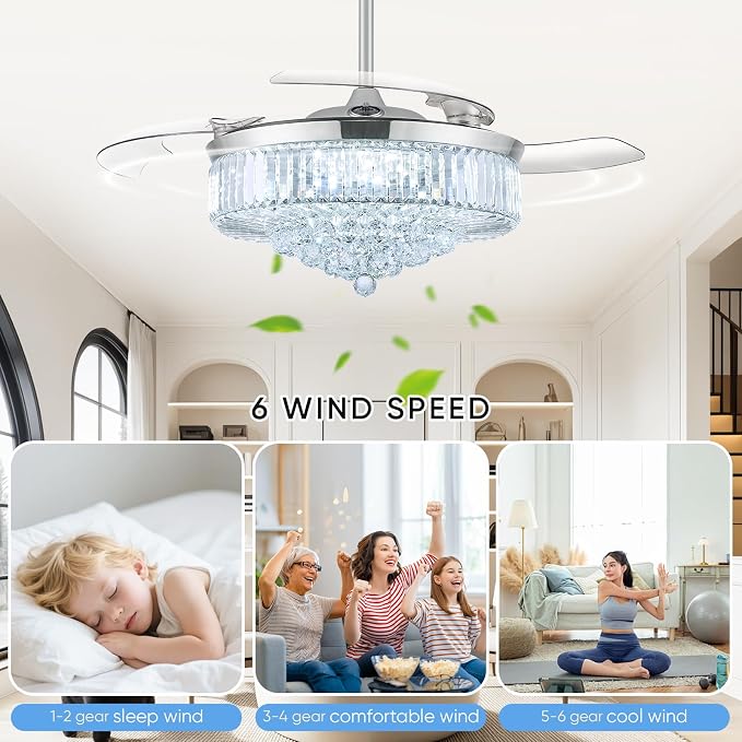 52 Inch Fandelier Ceiling Fan with Light, Chandelier Ceiling Fan for Bedroom Living Room, 3 Color Temperature, 6 Wind Speed. Reversible Motor, Memory Function-Chrome