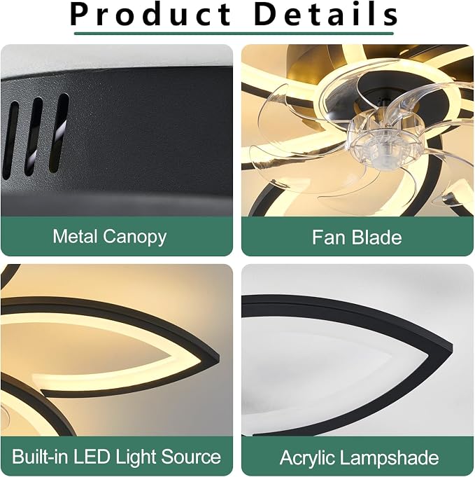 30inch Black Flower Modern CeilingFans with Lights, Low Profile Ceiling Fan with Remote for bedroom, Flush Mount Ceiling Fan with LED Dimmable Light,6-Speeds, Timing Ceiling Fan Light
