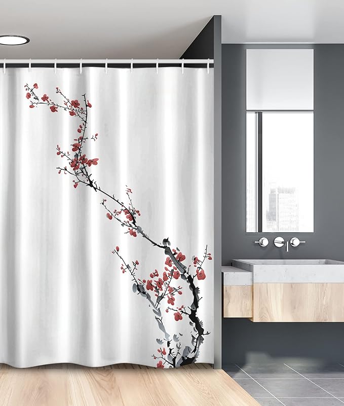 Ambesonne Watercolor Flower Stall Shower Curtain, Sakura Tree Cherry Branches in Classic Style Artwork, Fabric Bathroom Decor Set with Hooks, 54" W x 78" L, Coral Black