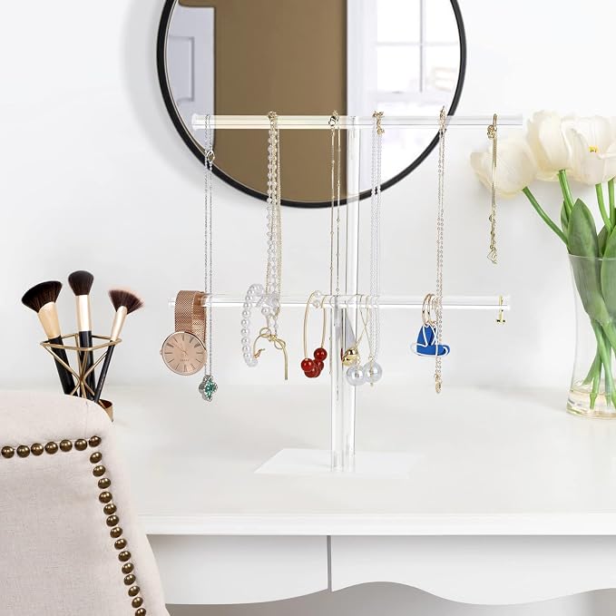 Acrylic Jewelry Stand, 2-Tier Necklace Holder, Jewelry Display Holder | Clear Bracelet Hanging Organizer, Tower Stand for Bangles, Necklaces, Bracelets, Rings, Earrings and Watch
