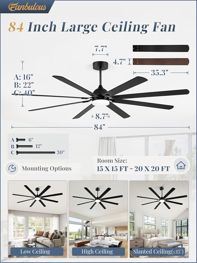 Fanbulous 84 Inch Ceiling Fans with Lights, Black Modern Ceiling Fan with Remote,Large Farmhouse Indoor & Outdoor Ceiling Fan with 8 Dual Finish Blades, Quiet DC Motor, Bright LED Light