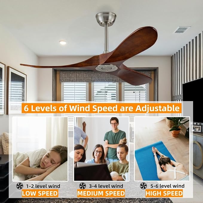42 Inch Ceiling Fan Without Lights,Deep Walnut Ceiling Fans,Quiet DC Motor,Wooden Ceiling Fan,2 Downrods,Timer, 6-Speed for Living Room,Bedroom,Dining Room,Patio,Porch(Brushed Nickel+Dark Walnut)