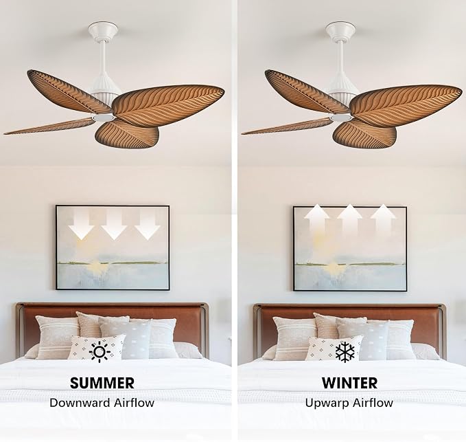 52"White Tropical Ceiling Fans, Flush Mount Palm Leaf Ceiling Fan no Light, Indoor Ceiling Fans without Light for Living Room Bedroom Kitchen Covered Gazebo, APP and Remote Control-Light Wood Grain