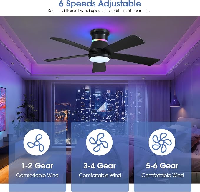 Surtime 46" Black Ceiling Fans with RGB Lights - Flush Mount Ceiling Fan Light with LED 3CCT Dimmable, Modern Low Profile Ceiling Fans for Indoor Party,Covered Outdoor