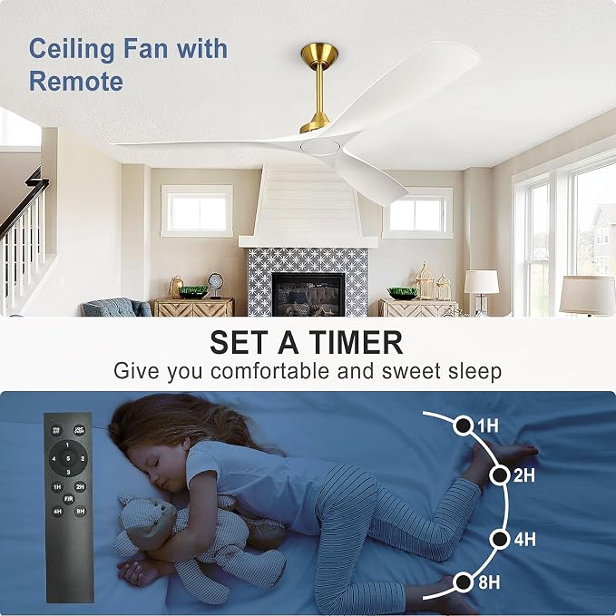 Modern Ceiling Fan with Remote: White and Gold Ceiling Fans 3 Blades - 60 Inch Ceiling Fan No Light for Covered Outdoor Living Room Bedroom
