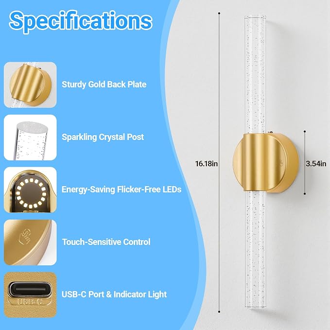 Peel and Stick on Gold Battery Operated Wall Sconces Set of 2, Rechargeable Magnetic Linear Wall Lights for Bedroom, Wireless Sconces with Remote&Touch Control, 3CCT&Dimmable Wall Lamp for Living Room