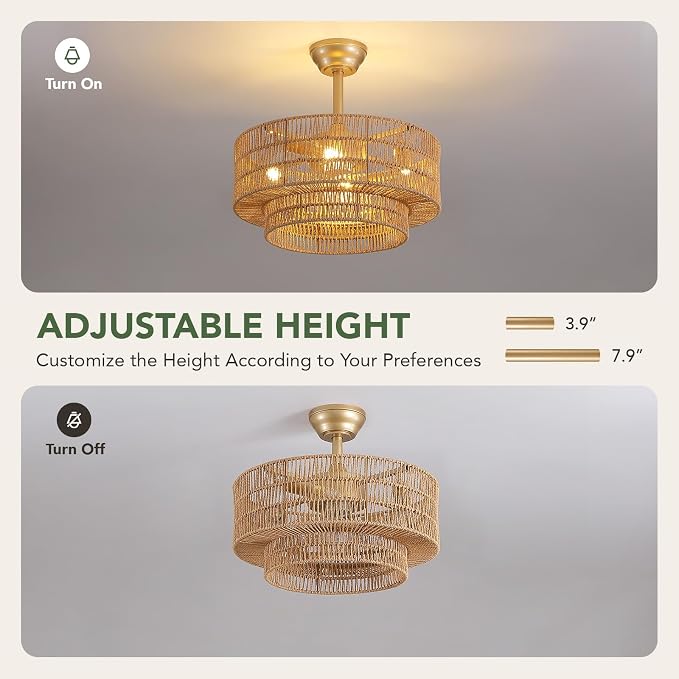 20" Boho Ceiling Fan Light and Remote, Rattan Ceiling Fan light Caged Fandelier with Lights Flush Mount, 6 Wind Speeds Enclosed Ceiling Fan for Bedroom, Living Room, Dining Room