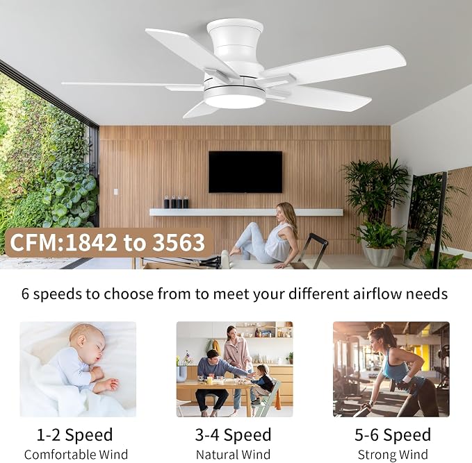 YUHAO 42 Inch Flush Mount White Ceiling Fan with Light and Remote Control.Noiseless,Dimmable,3CCT,6 Speeds Reversible, Low Profile DC Ceiling Fans for Indoor or Covered Outdoor Use,ETL Listed