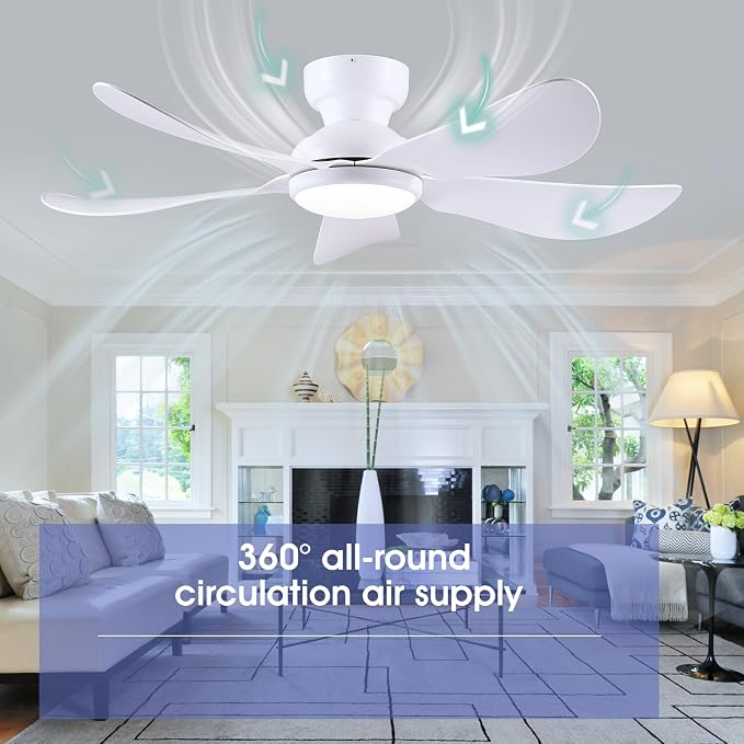 Kviflon 46 Inch Modern Ceiling Fans with Lights, Flush Mount Ceiling Fan with Light and Remote/APP Control, 5 Reversible 6 Speeds Curved Blades, 3 CCT Dimmable Lights for Bedroom, White