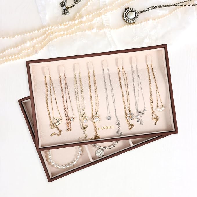 LANDICI Stackable Jewelry Organizer Trays 4 Set,PU Leather Jewelry Organizer Drawer,Jewelry Storage Display Tray for Earring Necklace Rings Bracelet with Removable Dividers,Coffee