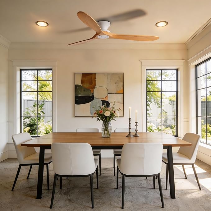 Solid Wood 70in Ceiling Fan Without Lights Flush Mount Ceiling Fans with Remote Control 6 Speeds, Wood Blades Modern Ceiling Fan No Light for Bedroom/Farmhouse/Patio/Indoor