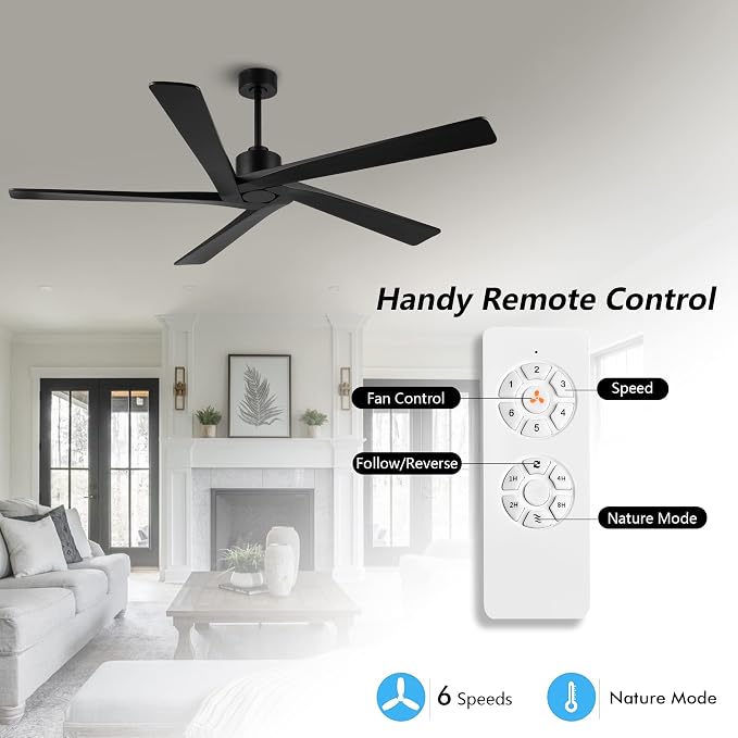 WINGBO 64 Inch DC Ceiling Fan without Lights, 5 Reversible Carved Solid Wood Blades, 6-Speed Noiseless DC Motor, Ceiling Fan No Light with Remote, Indoor Ceiling Fans in Matte Black Finish, ETL Listed