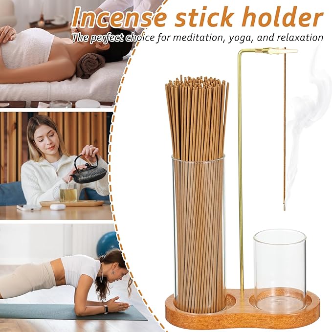 Wooden Incense Holder with Detachable Glass Ash Catcher, 2-in-1 Anti-Ash Burner for Sticks with Storage Base, Wood Meditation Yoga Spa Room Decor Home Altar Gift, Brown