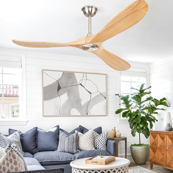 60” Ceiling Fans Without Lights, Wood Ceiling Fan with Remote Control No Light, Outdoor Propeller Ceiling Fan with 3 Blades,Brushed Nickel Outdoor Ceiling Fans for Patios (Nature Wood)