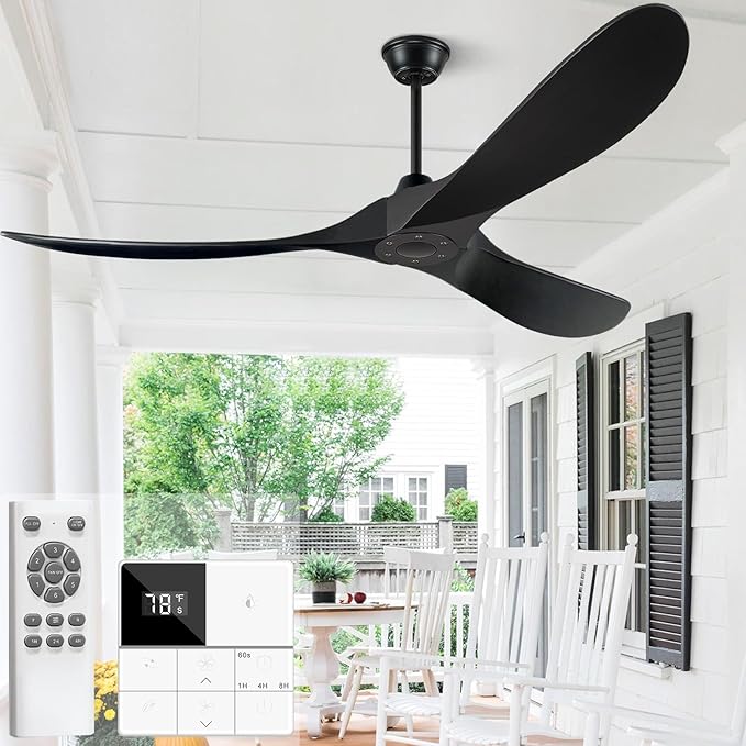 Eliora 60 Inch Ceiling Fans Without Light, Solid Wood Ceiling Fan with Remote Control and Quiet DC Motor, Ceiling Fan no Light 3 Blades, Outdoor Ceiling Fans for Patios without Lights Matte Black