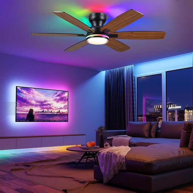 Kviflon 52" Ceiling Fans with RGB Lights, Low Profile Ceiling Fan with Remote/APP Control, Flush Mount, Double-Sided 6 Reversible Blades, RGB+3CCT Dimmable Lights, Double Lampshade for Bedroom, Brown
