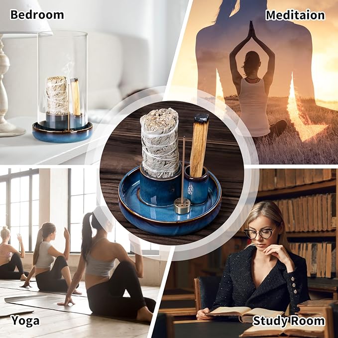 Incense Holder for Sticks with Glass Ash Catcher, Anti-Ash Flying, 4 in 1 Incense Burner Palo Santo Holder Insence-Stick Holder and Candle Holder for Burning Sage and Sticks for Burning