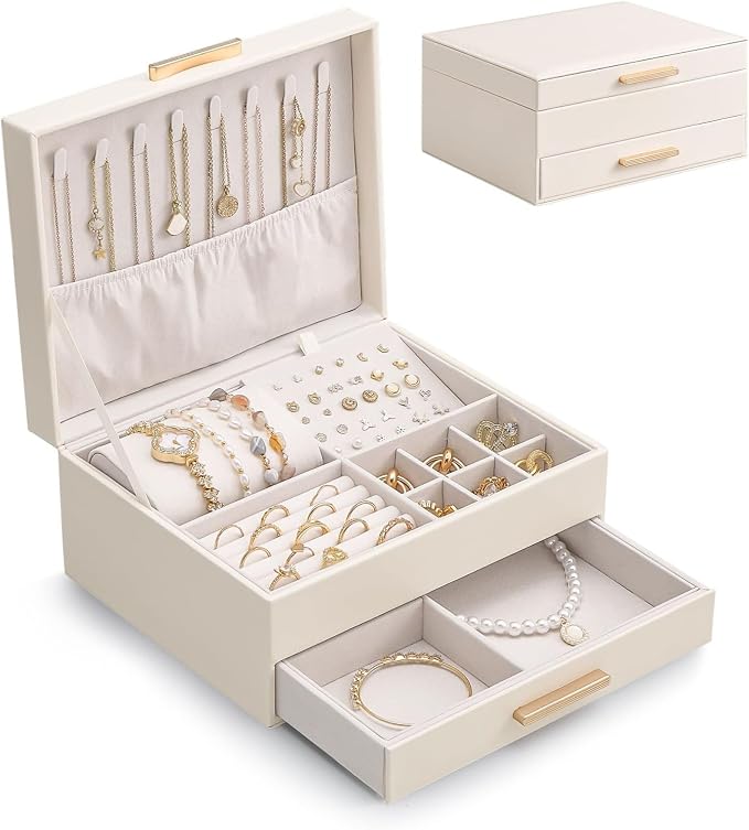 Lolalet 2-Layer Jewelry Box Organizer Holder for Women Girls Mom -Beige | Jewelry Storage Case with Drawers for Necklaces Ring Earrings Bracelet Watch, Gifts Choice for Mom Mother’s Day