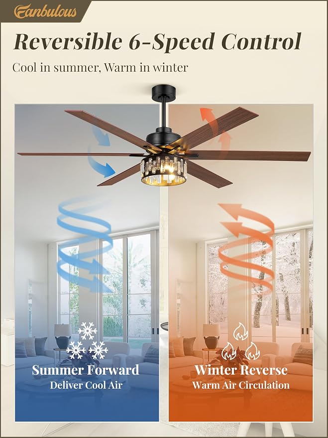 Fanbulous 65 Inch Farmhouse Crystal Ceiling Fan with Lights and Remote, Chandelier Ceiling Fan with Quiet Reversible DC Motor, Wood Blades - Ideal for Bedroom