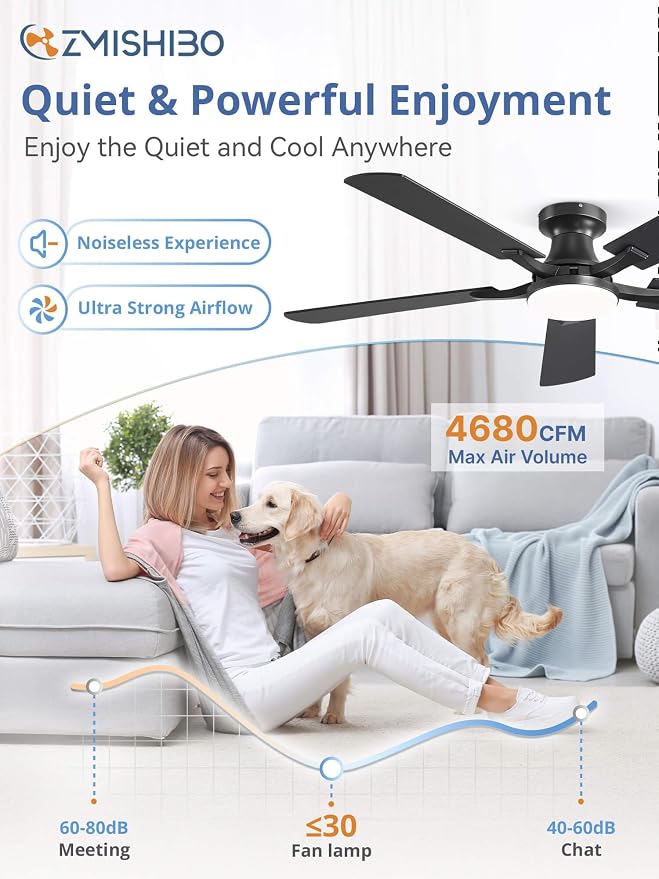 ZMISHIBO 52 Inch Ceiling Fan with Light, App&Remote Control, Flush Mount Low Profile, Dimmable 20W LED Light, Quiet Reversible Motor for Bedroom, Living Room, Apartment, Black