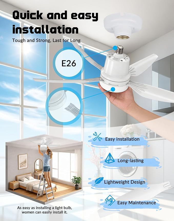 30" Socket Fan Light with Remote, Ceiling Fans with Light, Low Profile Flush Mount Ceiling Fan, 4 Speeds, 3000K-6000K Dimmable LED, Quiet Energy-Saving Motor, E26 Easy Install for Bedroom, Living Room