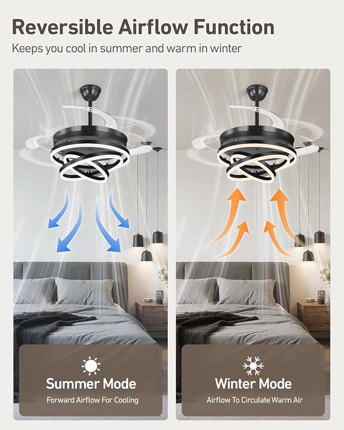 Retractable Ceiling Fans with Lights, 42" Fandelier Ceiling Fan with Light and Remote, Reversible, 3 CCT, Dimmable, Modern Chandelier Ceiling Fan for Bedroom, Living Room, Dining Room (Black)