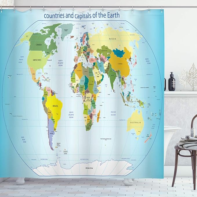 Ambesonne World Map Shower Curtain, Countries and Capital Cities of The Earth Political Borders Oceans and Lakes Colorful Graphic, Cloth Fabric Bathroom Decor Set with Hooks, 69" W x 84" L, Pale Blue