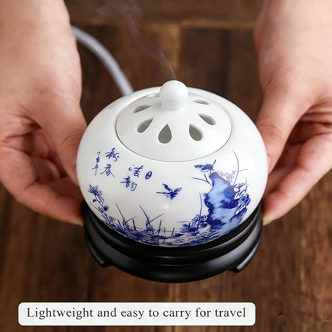 Electric Resin Burner with Timer, Ceramic Electric Incense Burner, Burner Censer 110V for Home Porch, Patio, Garden, Office, Yoga, Living Room, Meditation Room (White)