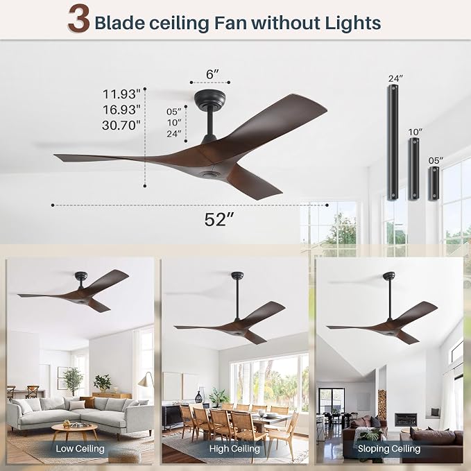 CACI Mall 52 Inch Propeller Ceiling Fan No Light, Remote Control, 6 Speeds Noiseless DC Motor, 3 ABS Blades, Indoor Outdoor Ceiling Fans for Living Room, Bedroom, Patio