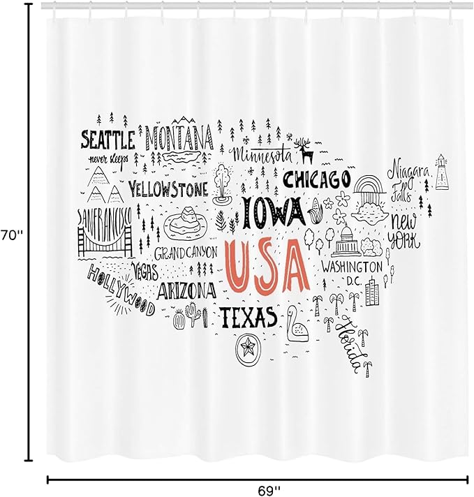 Ambesonne USA Map Shower Curtain, United States of America City Typography Pattern with Local Concept, Cloth Fabric Bathroom Decor Set with Hooks, 69" W x 70" L, Salmon White
