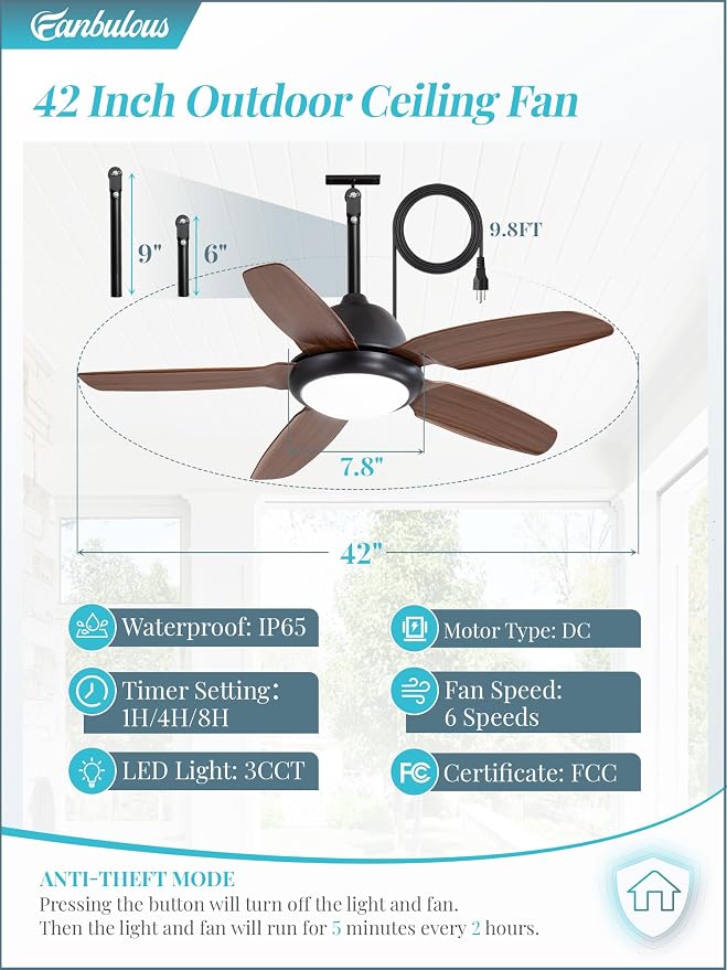 42 Inch Wet Rated Outdoor Ceiling Fan with Lights and Remote,IP65 Hanging Gazebo Fan with 3CCT 6-Speed DC Motor,Brown Waterproof Plug in Ceiling Fan with Cord for Patios Porch Pergola Pavilion