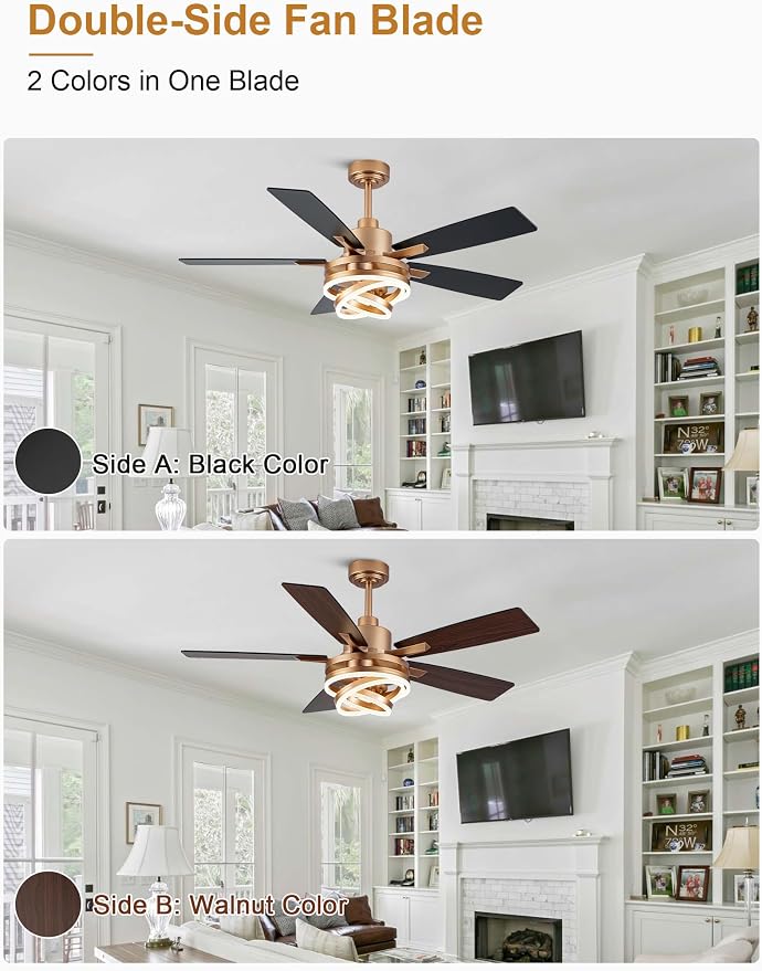 52" Black and Gold Modern Chandelier Fandelier Ceiling Fan with Light | DC motor, reversible, dimmable, 3 adjustable rings for DIY shape; recommended for bedroom, living room, and indoor use.