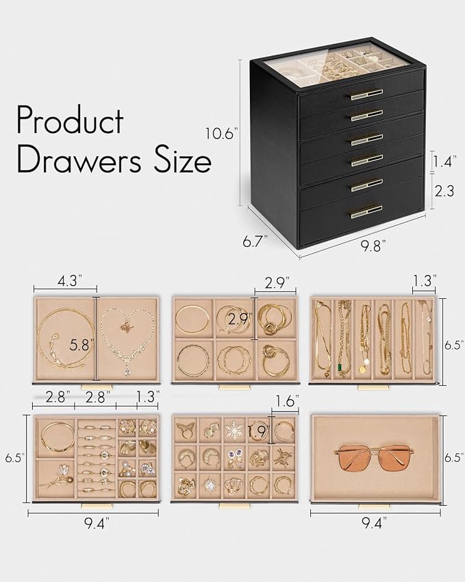 VLANDO 6 Layer Jewelry Box for Women, Glass Lid Jewelry Organizer with 6 Drawers for Necklaces Rings Earrings Bracelets - Black