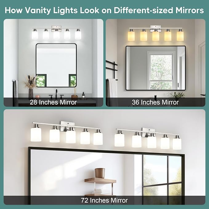 Ascher Bathroom Light Fixtures, 5-Light Vanity Light Over Mirror, Brushed Nickel Wall Sconces with Milky White Frosted Glass Shades, Wall Lamp for Living Room Bedroom, E26 Base(Bulbs Not Included)