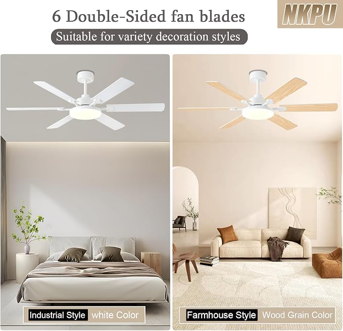 NKPU 56 Inch Ceiling Fans with Lights, Modern White Ceiling Fan with Light and Remote Control, 6 Double Sided Blades, 6 Speed Reversible Motor, Dimmable LED, Silent Timing, Indoor Outdoor Patio Use