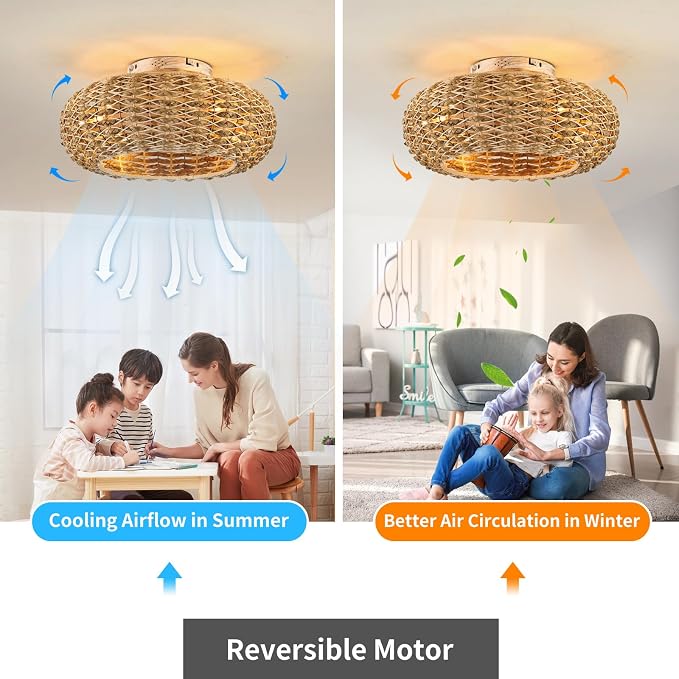 Boho Caged Ceiling Fans with Lights Flush Mount,Low Profile Ceiling Fan with Remote and APP,20 Inch Rattan Fan for Bedroom,6 Speeds Reversible Silent Fandalier (4 LED Bulb Include)…