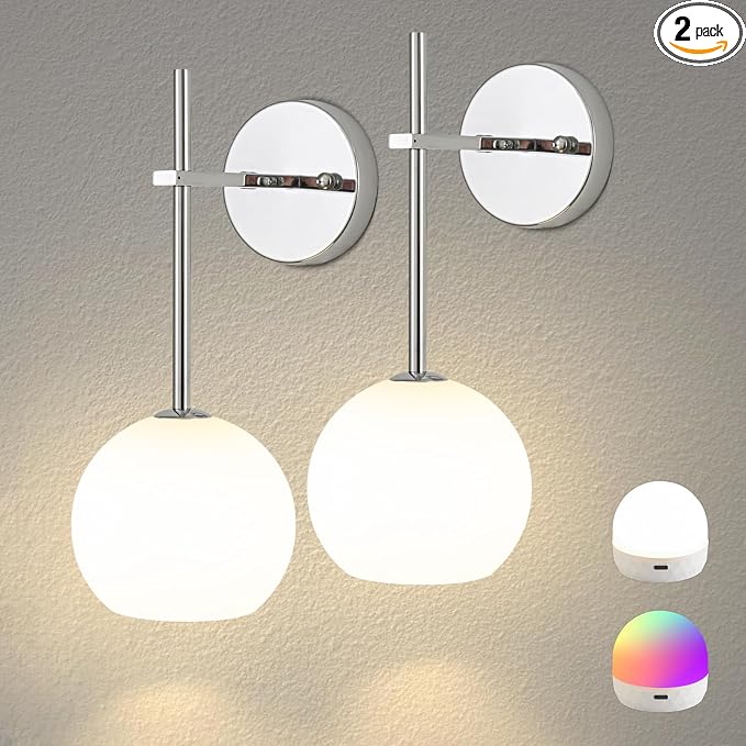 Chrome Battery Operated Wall Sconces Set of 2, Rechargeable Wireless Wall Lights with Milky White Frosted Glass, 12 RGB and 3CCT Dimmable, Wall Lamps with Remote for Bedroom Living Room Hallway