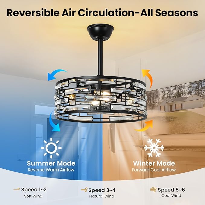 Crystal Caged Ceiling Fans Lights: 18.9'' Semi Flush Mount Fandelier Farmhouse with Remote, 6 Speeds, Timing, Black Industrial Chandelier Ventilador de Techo for Bedroom Kitchen Living Dining Room