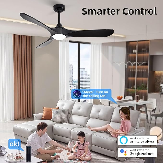 52” Outdoor Ceiling Fan with Light and Remote via WiFi Alexa, 3 Black Solid Wood Blade, Noiseless Reversible Dc Motor, Smart Outdoor Wood Ceiling Fan for Farmhouse Patios, Black
