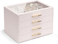 VLANDO 4 Layer Jewelry Box for Women, Glass Lid Jewelry Organizer with 4 Drawers for Necklaces Rings Earrings Bracelets - Light Pink