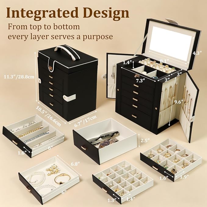 KAMIER Jewelry Box for Women, 6-Layer Large Jewelry Organizer Box with Mirror & 5 Drawers for Rings, Earrings, Necklaces, Bracelets,Black
