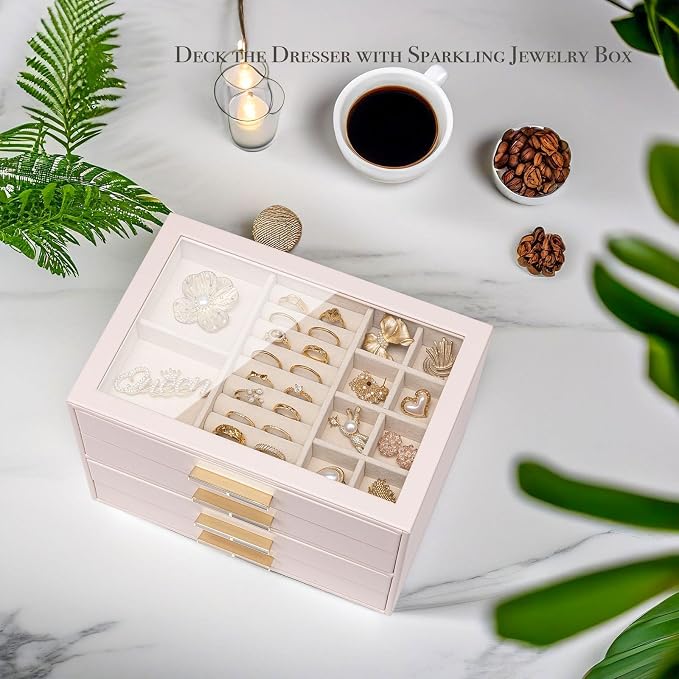 VLANDO 4-Drawer Jewelry Box with Glass Lid, Faux Leather Organizer for Rings Earrings Necklaces and More, Gift-Ready Jewelry Case for Women Girls or Moms, Pink Beige