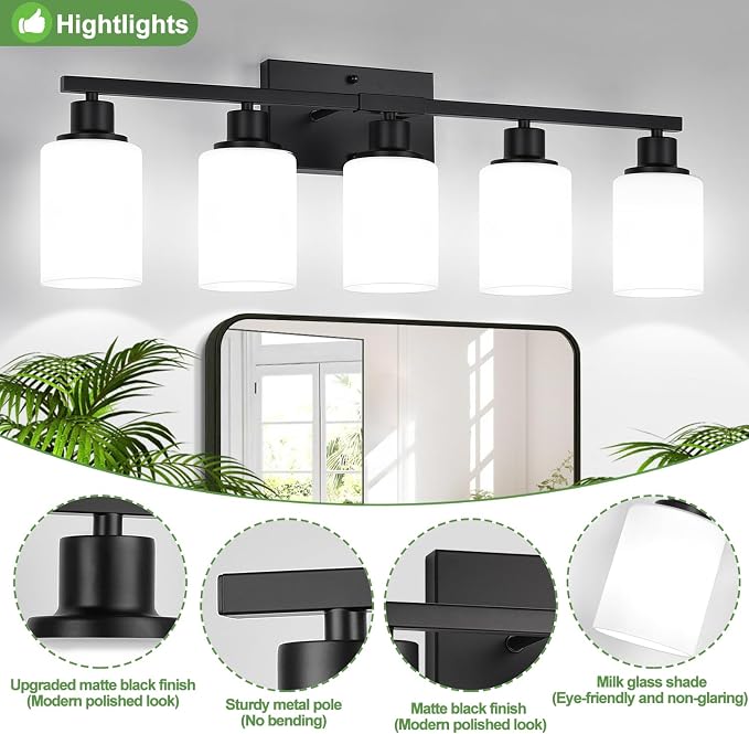 Indoi 5-Light Bathroom Light Fixtures, Matte Black Modern Vanity Lights with Milky White Shades, Bathroom Wall Lamp for Mirror Living Room Cabinet Bedroom Porch